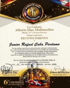 El Locutor Junior Caba fue reconocido en la 6ta edición de la Cadena Alberto Díaz Multimedios